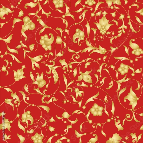 Red vector seamless pattern with golden ornament