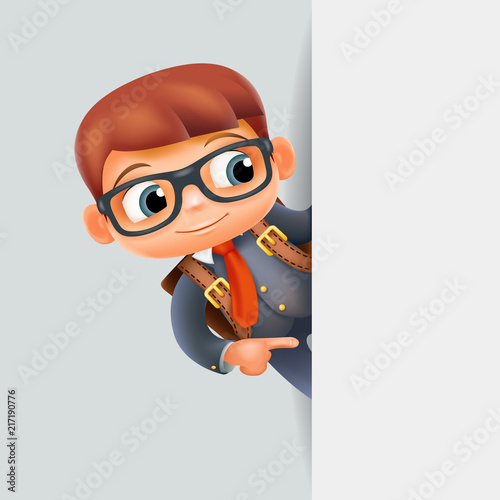Pointiong finger hand gesture corner look out promotion schoolboy education excellent student school pupil nook 3d cartoon character vector illustration photo
