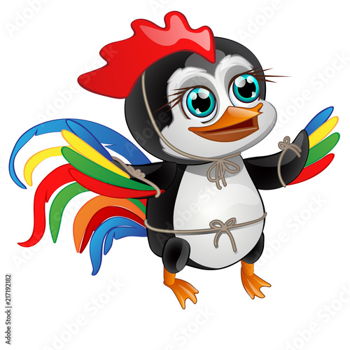 Cute little penguin with bright feathers of a rooster isolated on a white background. Vector illustration.