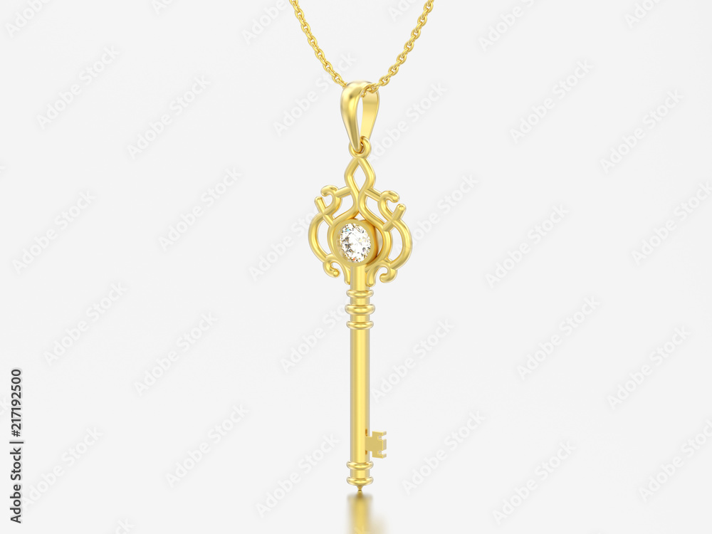 3D illustration yellow gold decorative key necklace on chain with diamond 3D illustration yellow gold decorative key necklace on chain with diamond