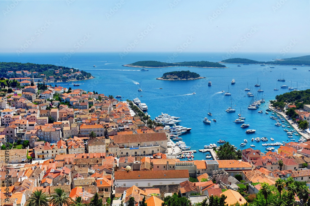 Hvar Town with the harbor viewed from the Spanish Fortress in Croatia