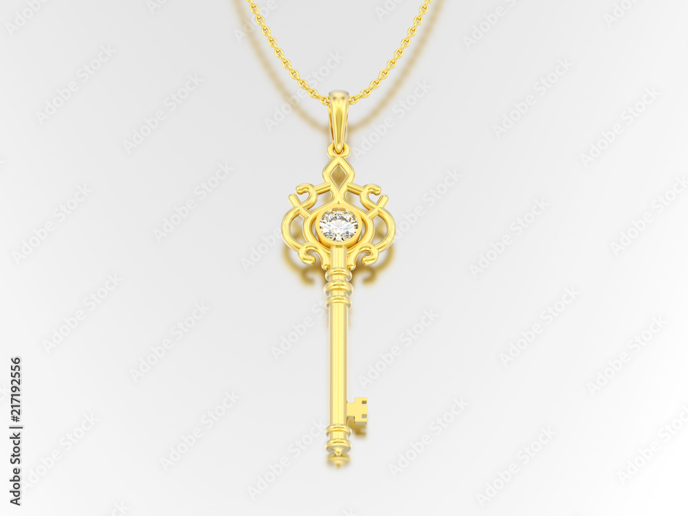 3D illustration yellow gold decorative key necklace on chain with diamond 3D illustration yellow gold decorative key necklace on chain with diamond