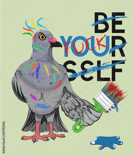 Image for t-shirt, clothing, print, poster, poster, sticker. The pigeon turned into a parrot. Lettering.