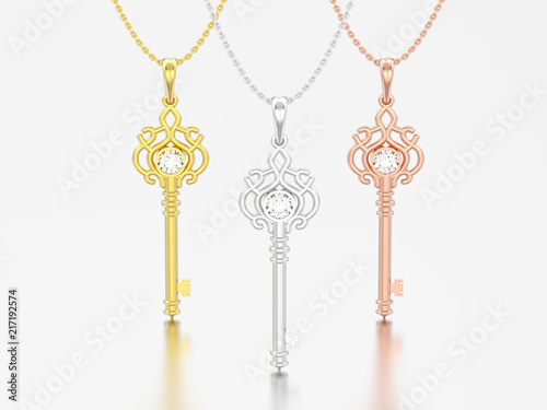 3D illustration three yellow rose and white gold or silver decorative key necklace on chain with diamond