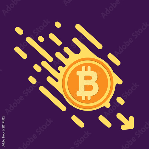 Bitcoin symbol in flat design for internet money. A symbol of crypto currencies,  coin quickly fall down. bright Vector illustration on a dark purple background.
