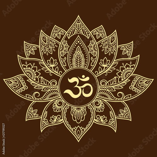 Mehndi Lotus flower pattern with mantra OM symbol for Henna drawing and tattoo. Decoration mandala in ethnic oriental, Indian style.