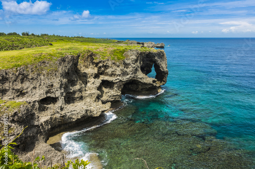 Manzamo Cape with blue sky and Turquoise sea in Okinawa, Japan, Travel destination in Japan, copy space