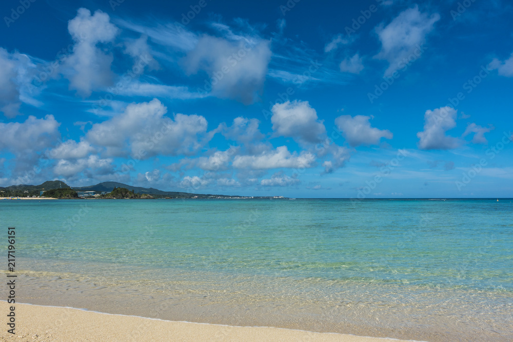 Beautiful seascape in Okinawa, Japan, Travel destination, nature sea view with sand beach, nature background, Tropical beach in summer, copy space