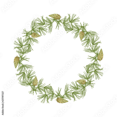 Christmas frame wreath of pine branches and cones.