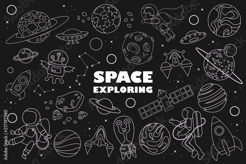 space doodle. planet, astronaut, UFO. vector illustration. Black background photo
