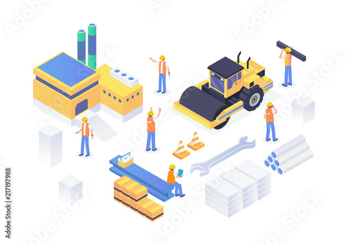 Modern Isometric Under Construction Industrial Site Concept Illustration In Isolated White Background