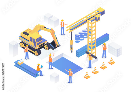 Modern Isometric Under Construction Industrial Site Concept Illustration In Isolated White Background