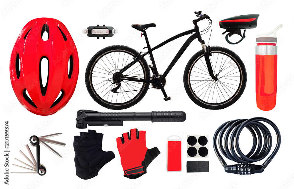 Obraz premium Set of bicycle with cycling equipment and tools isolated on white background