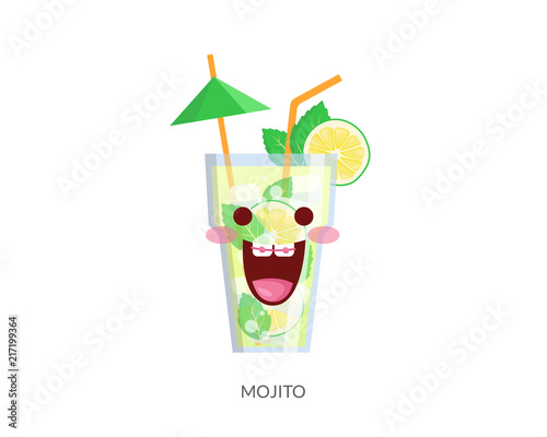 Cute Tropical Cocktail Drink Cartoon Character Illustration In Isolated White Background