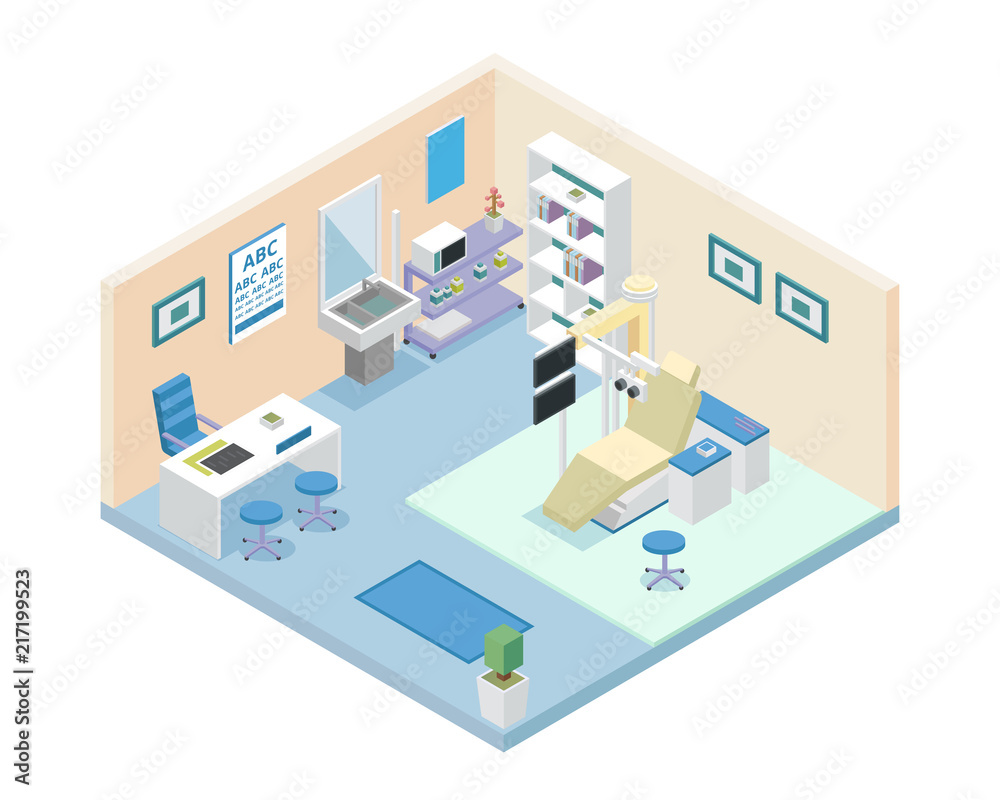 Modern Hospital Eye Examination Lab Room Area Interior in Isometric View Illustration In Isolated White Background