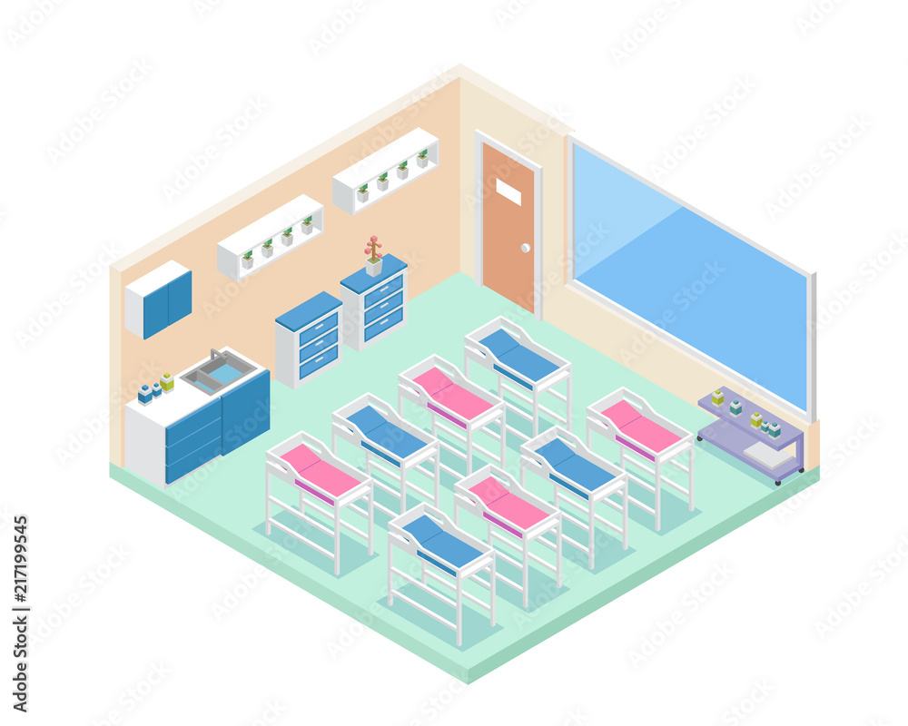 Modern Hospital Baby Room Area Interior in Isometric View Illustration In Isolated White Background Modern Hospital Baby Room Area Interior in Isometric View Illustration In Isolated White Background