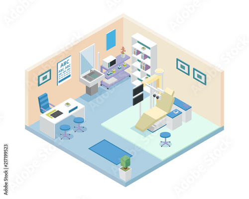 Modern Hospital Eye Examination Lab Room Area Interior in Isometric View Illustration In Isolated White Background