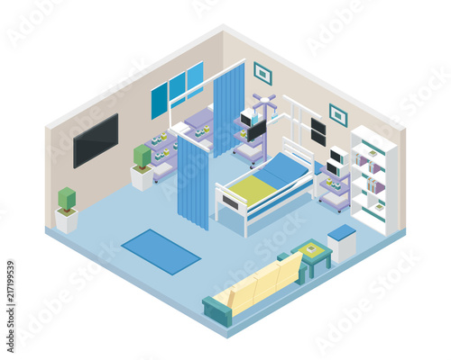 Modern Hospital VIP Intensive Care Unit Room Area Interior in Isometric View Illustration In Isolated White Background
