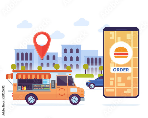 Modern Urban City Burger Order Delivery Tracking Mobile System Illustration