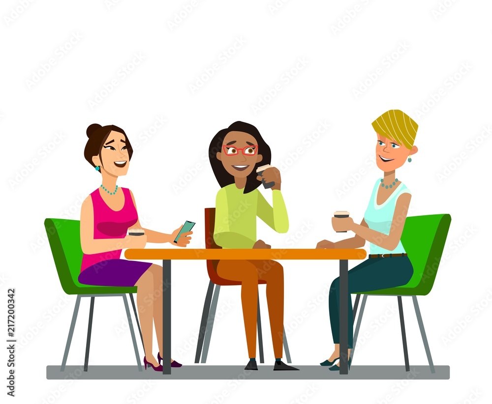 Three girls sitting at a table together talking to coffee break. Three girls sitting at a table together talking to coffee break.