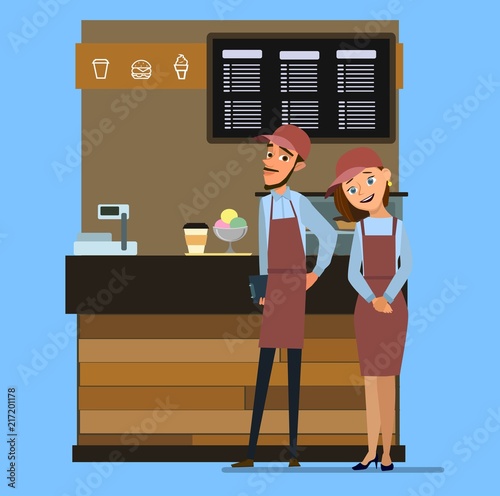 Coffee and confectionery business. Man and woman standing in front of the counter. Takeaway cafe business interior.Vector illustration in cartoon style.