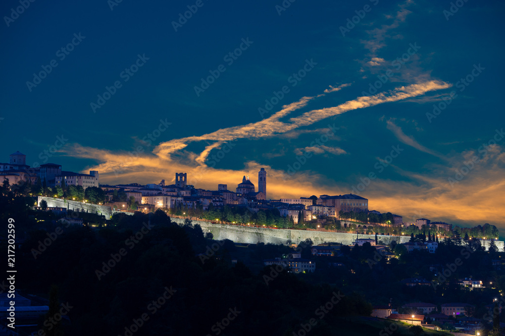 view of the ancient city of Bergamo at sunset