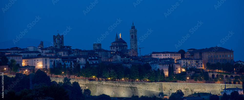 view of the ancient city of Bergamo at sunset