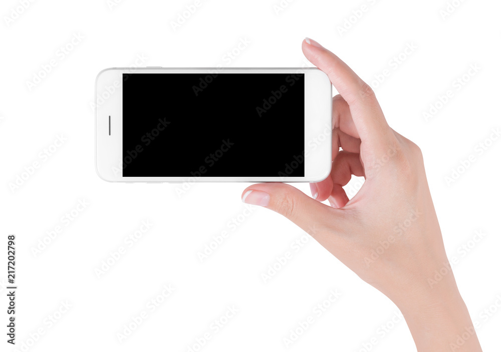 woman hand holding white smart phone with blank space of screen display, smart phone and mockup concept, Isolated on white background, woman hand holding white smart phone with blank space of screen display, smart phone and mockup concept, Isolated on white background,