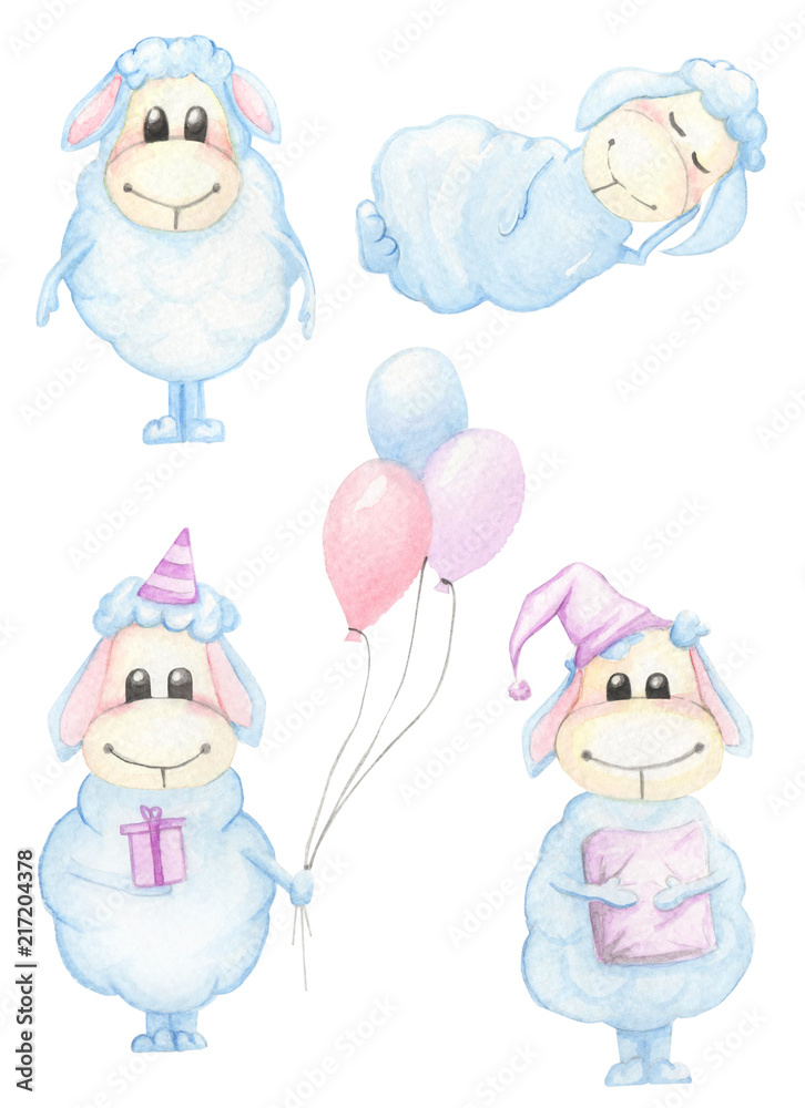 Set of cute blue cartoon character lamb hand drawn watercolor illustration on a white background isolated