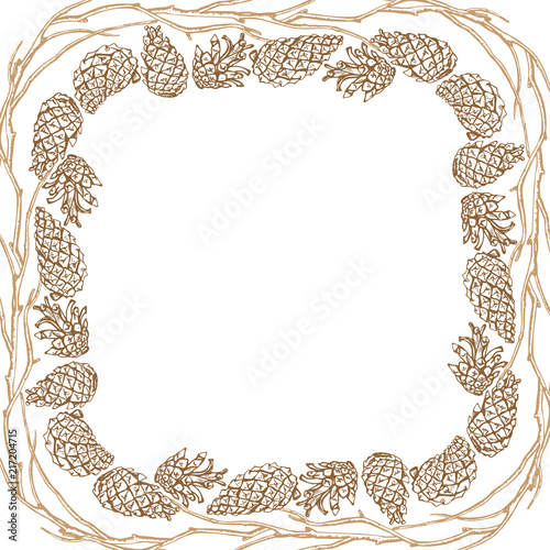 Card with frame of pine cones. Vector outline drawing with space for text.