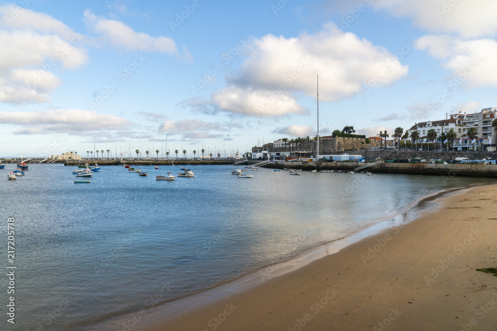 Portugal, Cascais near Lisbon, seaside town with beach and port panorama view