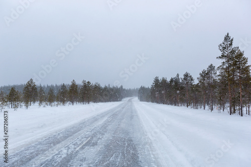 Snowy day on the road in Finland