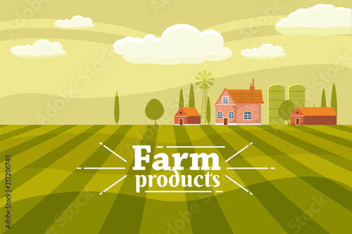 Rural cute landscape with farm. Cartoon style, vector, isolated