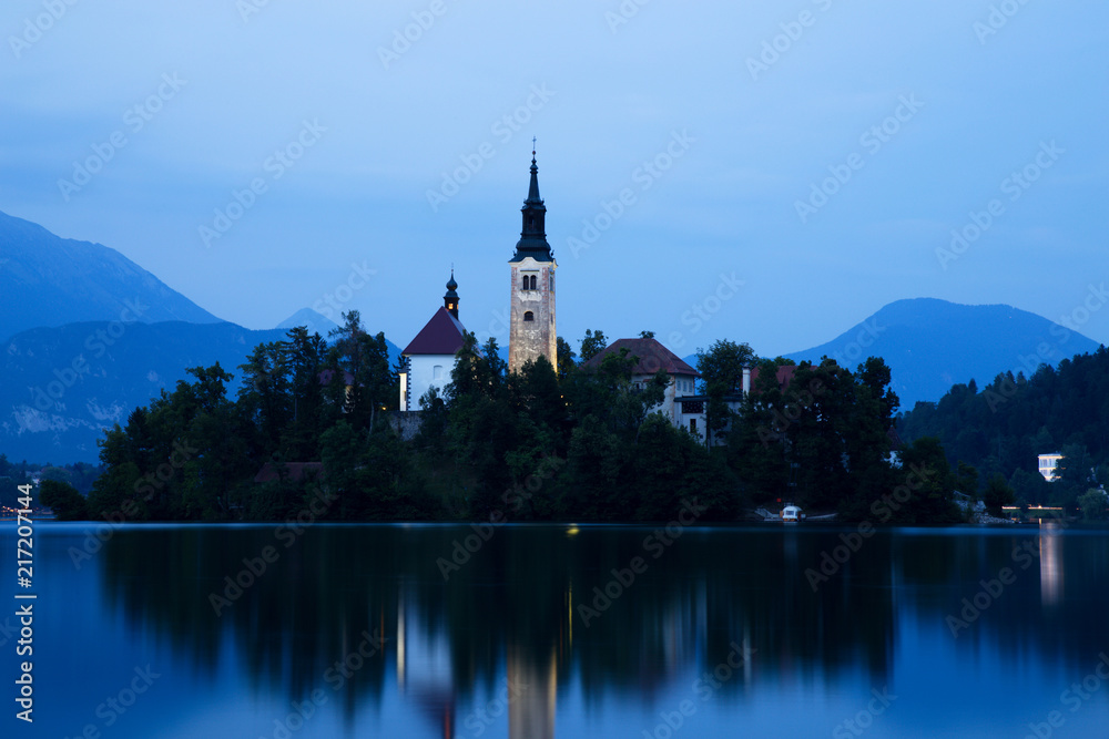 Bled Lake with Church Island and Castle Behind at Dusk