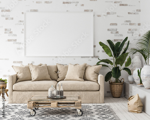 Fototapeta Naklejka Na Ścianę i Meble -  Mock-up frame in interior background,Scandi-boho style, 3d render