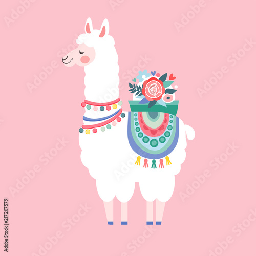 Lama greeting card, vector illustration