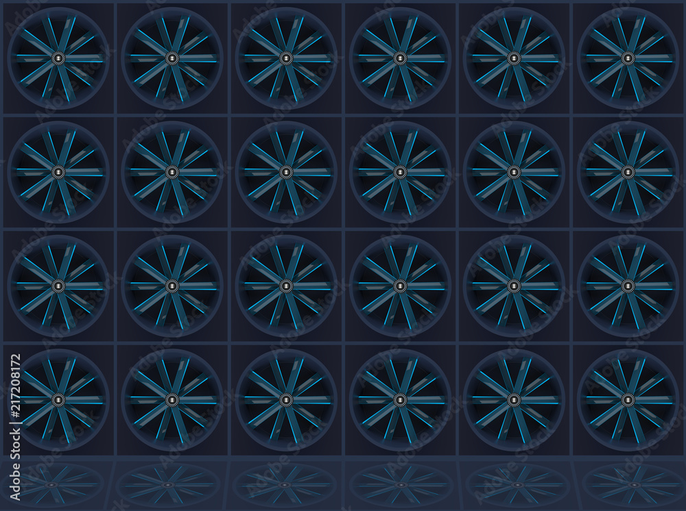 3d rendering. modern blue fan turbine stack wall background. 3d rendering. modern blue fan turbine stack wall background.