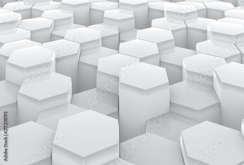 3d rendering. perspective view of random modern white hexagonal shape bars pattern floor background.