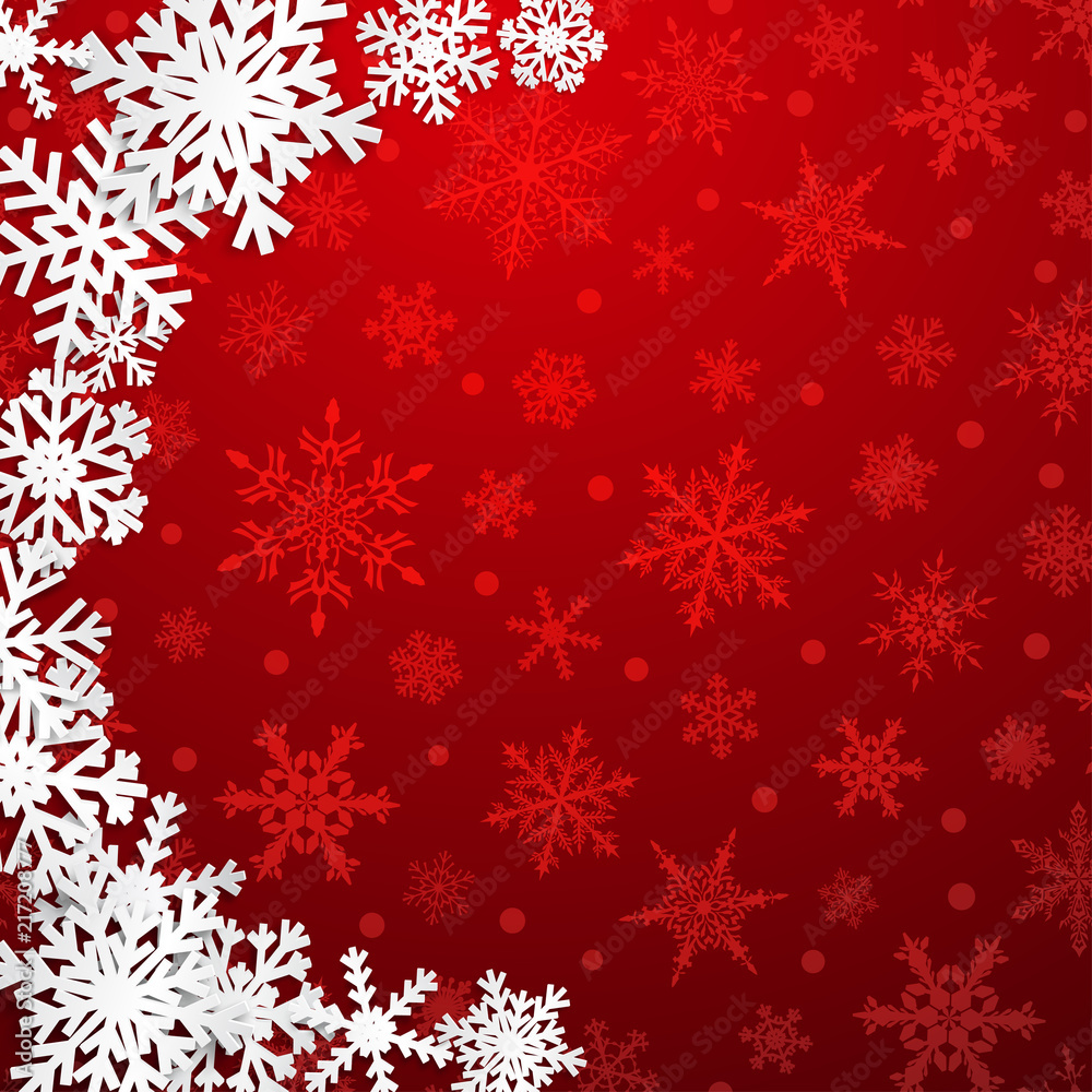 Christmas illustration with semicircle of big white snowflakes with shadows on red background Christmas illustration with semicircle of big white snowflakes with shadows on red background