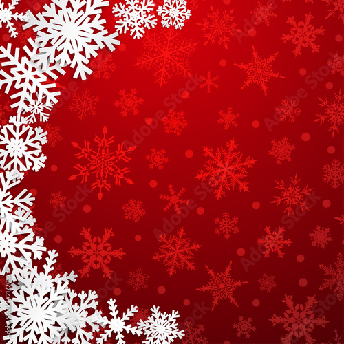 Christmas illustration with semicircle of big white snowflakes with shadows on red background