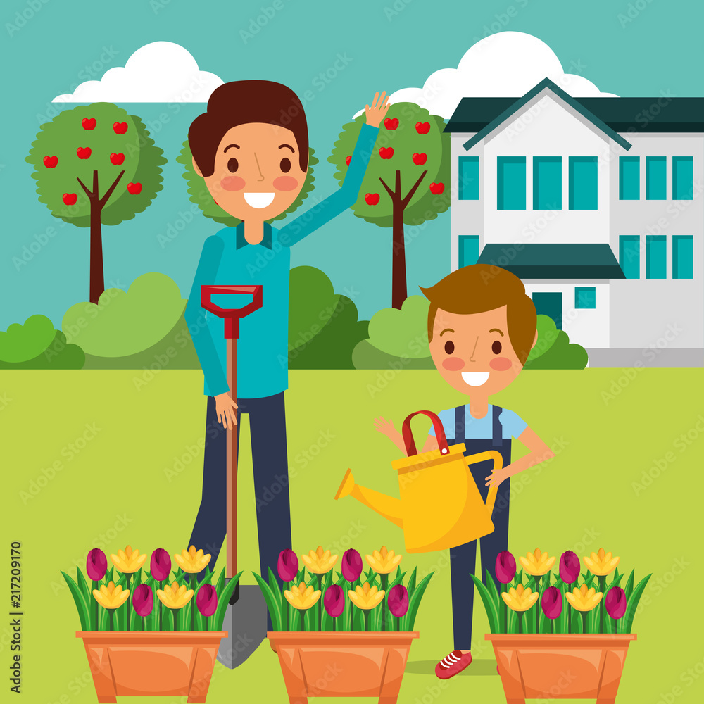 dad and son watering the potted flowers gardening vector illustration dad and son watering the potted flowers gardening vector illustration