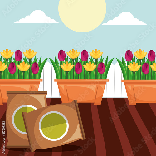 potted flowers and potting soil tools gardening vector illustration