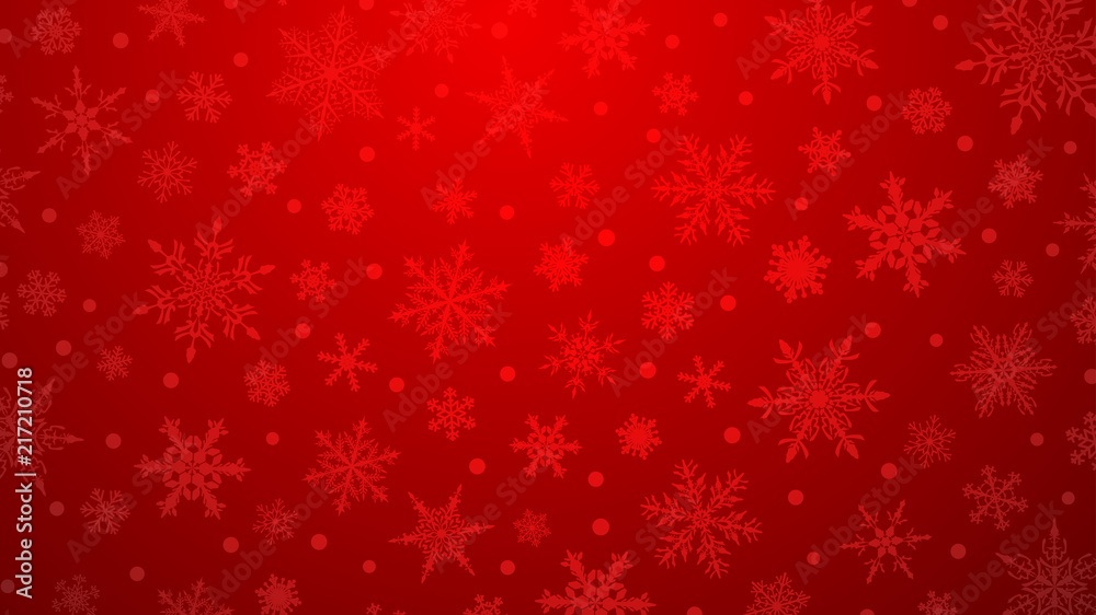 Christmas illustration with various small snowflakes on gradient background in red colors - obrazy, fototapety, plakaty 
