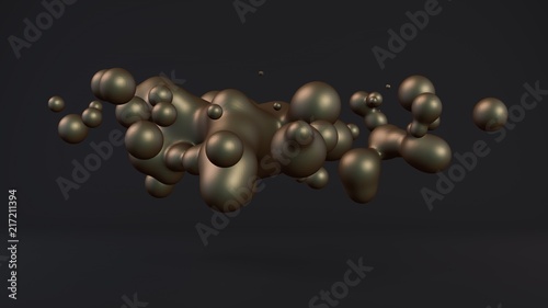 Beautiful 3D illustration of molten precious metal. Drops floating in weightlessness and flying to the sides. An abstract image in a dark space. The idea of wealth and success. 3D rendering