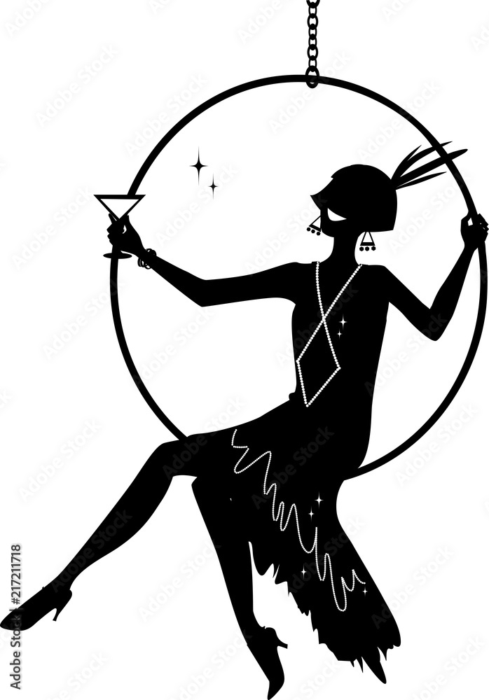 Ταπετσαρία Young woman dressed in 1920s fashion sitting in a hanging hoop and having a cock