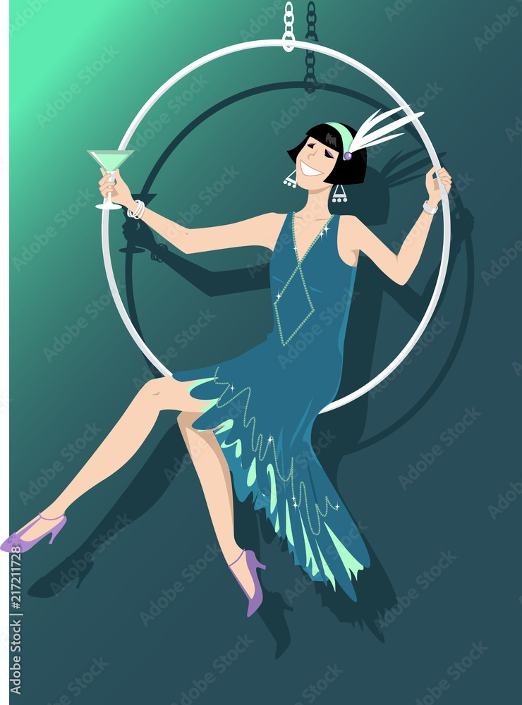 Φωτογραφία Young woman dressed in 1920s fashion sitting in a hanging hoop and having a cock
