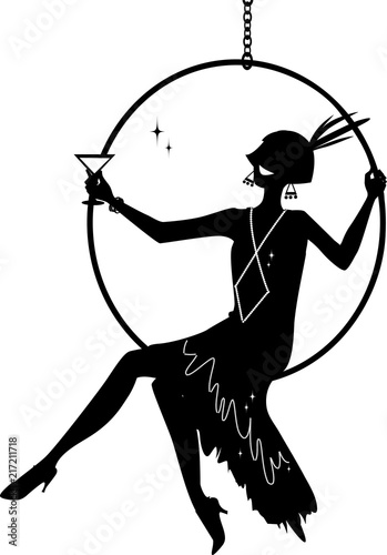 Young woman dressed in 1920s fashion sitting in a hanging hoop and having a cocktail, EPS 8 vector silhouette, no white objects