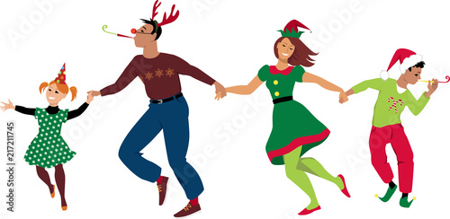Mother, father and two children in Christmas costumes dancing together, celebrating the holidays, EPS 8 vector illustration