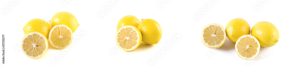 Lemons with leaves on a white background. Fresh lemons on a white background. Lemons with leaves on a white background. Fresh lemons on a white background.