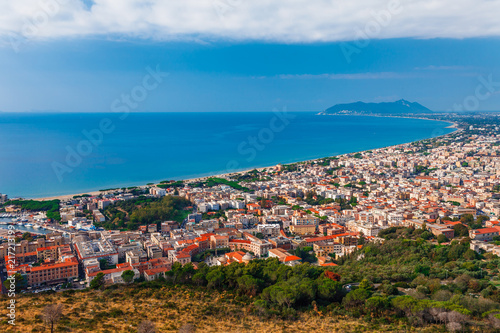 Panoramic sea landscape with Terracina, Lazio, Italy. Scenic resort town village with nice sand beach and clear blue water. Famous tourist destination in Riviera de Ulisse